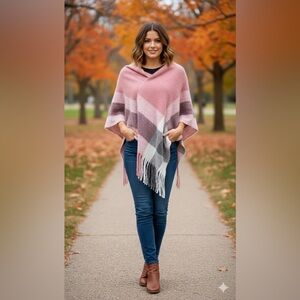 C-Mode Pancho Thickened Shawl Tassel Plaid Overhead Cape pink Winter Autumn NWT
